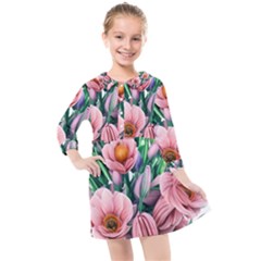 Azure Watercolor Flowers Kids  Quarter Sleeve Shirt Dress