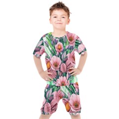 Azure Watercolor Flowers Kids  Tee and Shorts Set