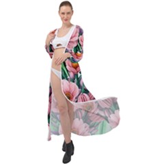 Azure Watercolor Flowers Maxi Chiffon Beach Wrap