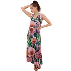 Azure Watercolor Flowers V-Neck Chiffon Maxi Dress