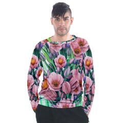 Azure Watercolor Flowers Men s Long Sleeve Raglan Tee