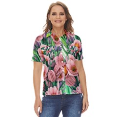 Azure Watercolor Flowers Women s Short Sleeve Double Pocket Shirt