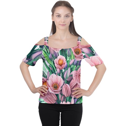 Azure Watercolor Flowers Cutout Shoulder Tee by GardenOfOphir