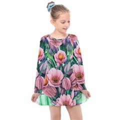 Azure Watercolor Flowers Kids  Long Sleeve Dress by GardenOfOphir