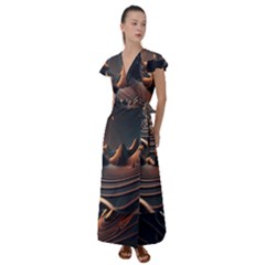 Ai Generated Swirl Space Design Fractal Light Art Flutter Sleeve Maxi Dress