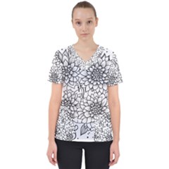 Flowers Template Line Art Pattern Coloring Page Women s V-neck Scrub Top