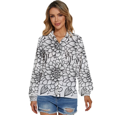 Flowers Template Line Art Pattern Coloring Page Women s Long Sleeve Button Down Shirt by Ravend