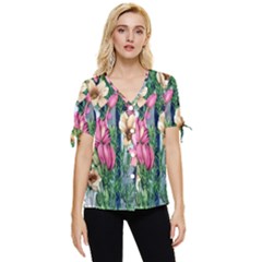 Big And Bright Watercolor Flowers Bow Sleeve Button Up Top