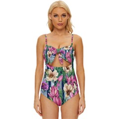 Big And Bright Watercolor Flowers Knot Front One-piece Swimsuit by GardenOfOphir