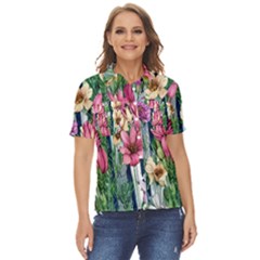 Big And Bright Watercolor Flowers Women s Short Sleeve Double Pocket Shirt