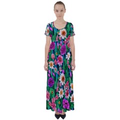 Creative Crimson Crisp Watercolor Flowers High Waist Short Sleeve Maxi Dress