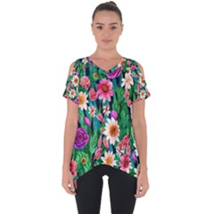 Creative Crimson Crisp Watercolor Flowers Cut Out Side Drop Tee