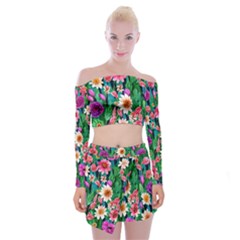 Creative Crimson Crisp Watercolor Flowers Off Shoulder Top with Mini Skirt Set