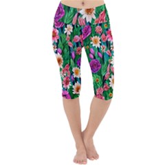 Creative Crimson Crisp Watercolor Flowers Lightweight Velour Cropped Yoga Leggings