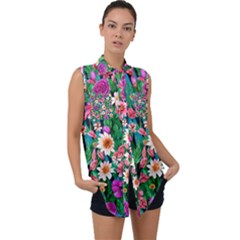 Creative Crimson Crisp Watercolor Flowers Sleeveless Chiffon Button Shirt