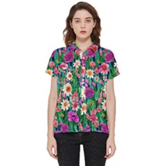 Creative Crimson Crisp Watercolor Flowers Short Sleeve Pocket Shirt