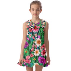 Creative Crimson Crisp Watercolor Flowers Kids  Pilgrim Collar Ruffle Hem Dress