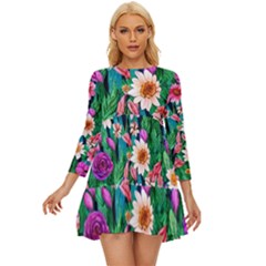 Creative Crimson Crisp Watercolor Flowers Long Sleeve Babydoll Dress