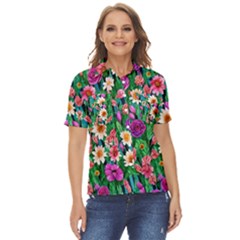 Creative Crimson Crisp Watercolor Flowers Women s Short Sleeve Double Pocket Shirt