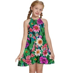 Creative Crimson Crisp Watercolor Flowers Kids  Halter Collar Waist Tie Chiffon Dress