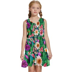 Creative Crimson Crisp Watercolor Flowers Kids  Sleeveless Tiered Mini Dress