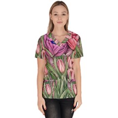 Chic Choice Classic Watercolor Flowers Women s V-neck Scrub Top by GardenOfOphir