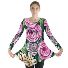 Breathtaking Bright Brilliant Watercolor Flowers Long Sleeve Tunic  by GardenOfOphir