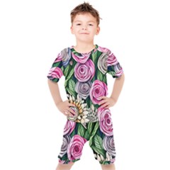 Breathtaking Bright Brilliant Watercolor Flowers Kids  Tee And Shorts Set by GardenOfOphir