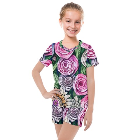 Breathtaking Bright Brilliant Watercolor Flowers Kids  Mesh Tee And Shorts Set by GardenOfOphir