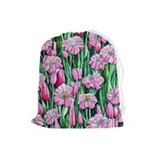 Blushing Bold Botanical Watercolor Flowers Drawstring Pouch (large) by GardenOfOphir