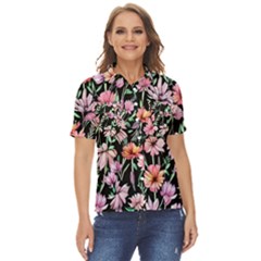 Clustered Watercolor Flowers Women s Short Sleeve Double Pocket Shirt
