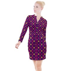 Purple Background Graphic Decor Backdrop Design Art Button Long Sleeve Dress by Ravend