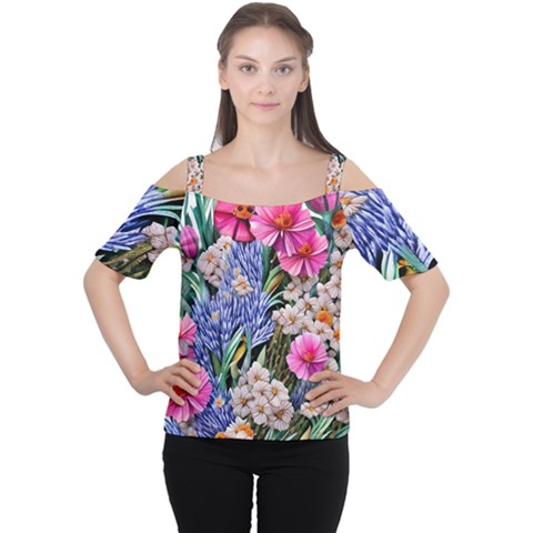 Bountiful Watercolor Flowers Cutout Shoulder Tee by GardenOfOphir