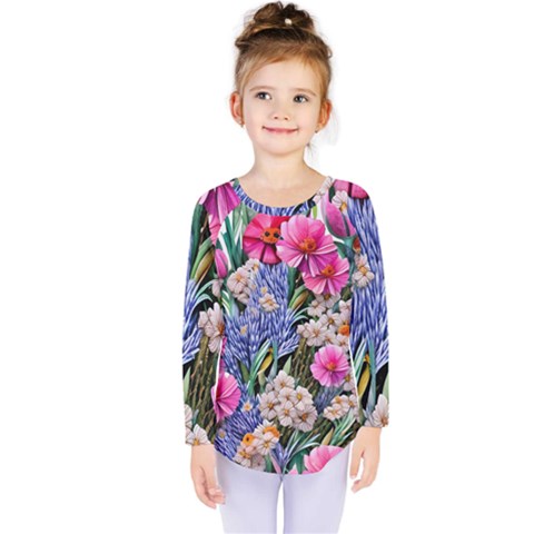 Bountiful Watercolor Flowers Kids  Long Sleeve Tee by GardenOfOphir