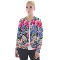 Bountiful Watercolor Flowers Velvet Zip Up Jacket