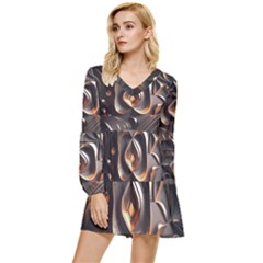 Ai Generated Swirls Space Design Fractal Light 3d Pattern Tiered Long Sleeve Mini Dress by Ravend