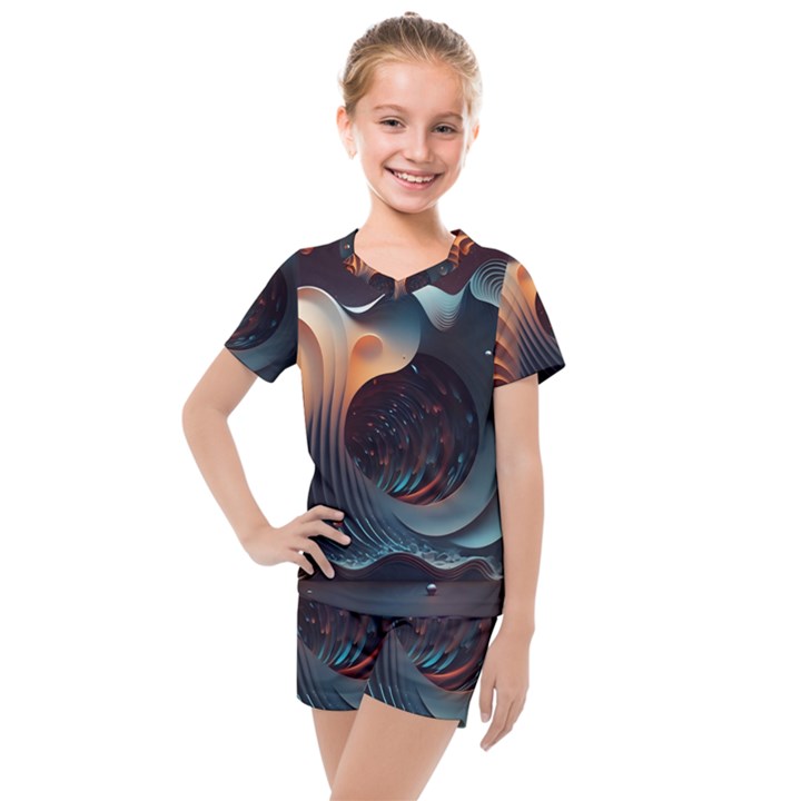 Ai Generated Space Design Fractal Light Motion Kids  Mesh Tee and Shorts Set