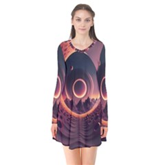 Ai Generated Swirl Space Design Fractal Light 3d Art Long Sleeve V-neck Flare Dress