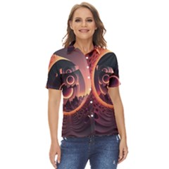 Ai Generated Swirl Space Design Fractal Light 3d Art Women s Short Sleeve Double Pocket Shirt