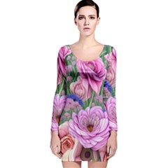 Broken And Budding Watercolor Flowers Long Sleeve Velvet Bodycon Dress