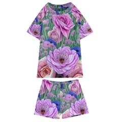 Broken And Budding Watercolor Flowers Kids  Swim Tee And Shorts Set