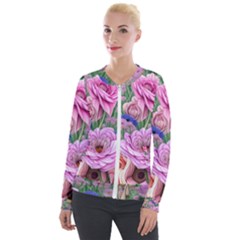 Broken And Budding Watercolor Flowers Velvet Zip Up Jacket by GardenOfOphir