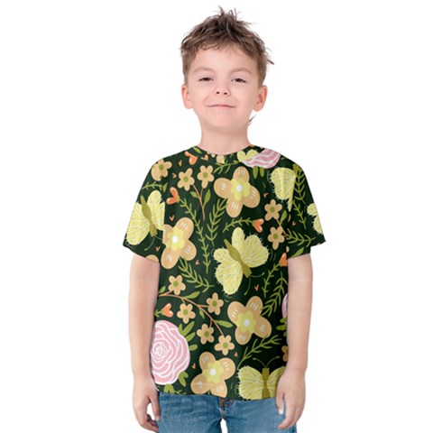 Flowers Rose Blossom Pattern Creative Motif Kids  Cotton Tee by Ravend