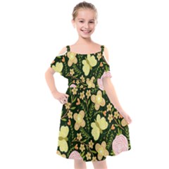 Flowers Rose Blossom Pattern Creative Motif Kids  Cut Out Shoulders Chiffon Dress