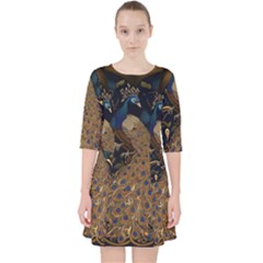 Peacock Plumage Bird Decorative Pattern Graceful Quarter Sleeve Pocket Dress