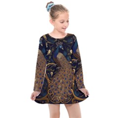 Peacock Plumage Bird Decorative Pattern Graceful Kids  Long Sleeve Dress by Ravend