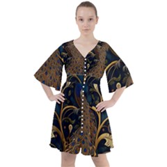 Peacock Plumage Bird Decorative Pattern Graceful Boho Button Up Dress