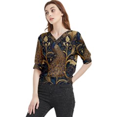 Peacock Plumage Bird Decorative Pattern Graceful Quarter Sleeve Blouse