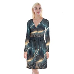 Ai Generated Swirl Space Design Fractal Light Long Sleeve Velvet Front Wrap Dress