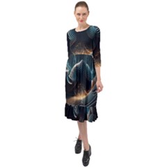 Ai Generated Swirl Space Design Fractal Light Ruffle End Midi Chiffon Dress by Ravend